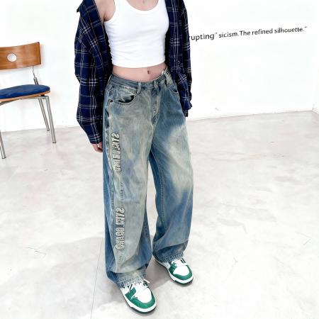 FA50343# 高品质小矮个子高街复古撞色牛仔裤秋高腰直筒阔腿拖地xs 服裝批發女裝批發服飾貨源