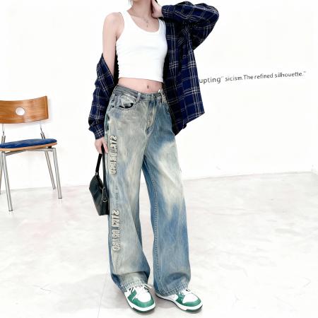 FA50343# 高品质小矮个子高街复古撞色牛仔裤秋高腰直筒阔腿拖地xs 服裝批發女裝批發服飾貨源