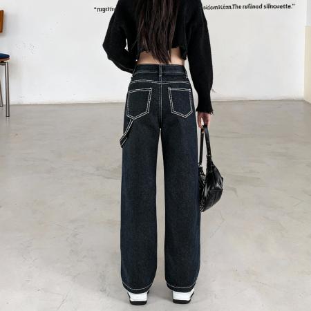 FA50344# 小个子复古九分牛仔裤女拖地弹力高腰直筒宽松阔腿XS春装 服裝批發女裝批發服飾貨源