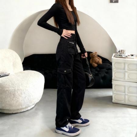 FA50345# 小矮个子美式复古工装裤高腰直筒阔腿窄版xs九分 服裝批發女裝批發服飾貨源