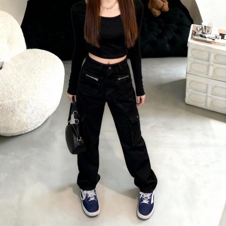 FA50345# 小矮个子美式复古工装裤高腰直筒阔腿窄版xs九分 服裝批發女裝批發服飾貨源