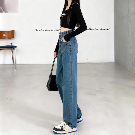 FA50347# 小个子女生美式复古辣妹直筒牛仔裤女高腰阔腿XS九分显高 服裝批發女裝批發服飾貨源