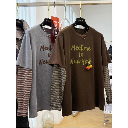 FA50348# 原版质量特大码300斤韩系重工刺绣假两件长袖T恤女秋冬磨毛上衣潮 服裝批發女裝批發服飾貨源