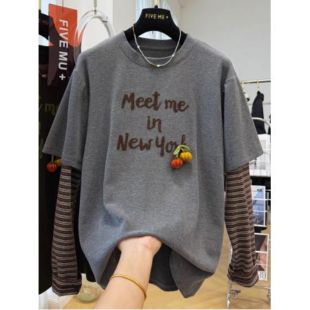 FA50348# 原版质量特大码300斤韩系重工刺绣假两件长袖T恤女秋冬磨毛上衣潮 服裝批發女裝批發服飾貨源