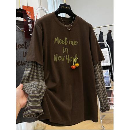 FA50348# 原版质量特大码300斤韩系重工刺绣假两件长袖T恤女秋冬磨毛上衣潮 服裝批發女裝批發服飾貨源