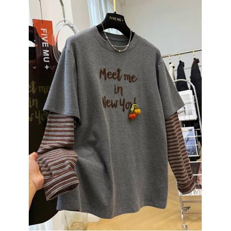 FA50348# 原版质量特大码300斤韩系重工刺绣假两件长袖T恤女秋冬磨毛上衣潮 服裝批發女裝批發服飾貨源