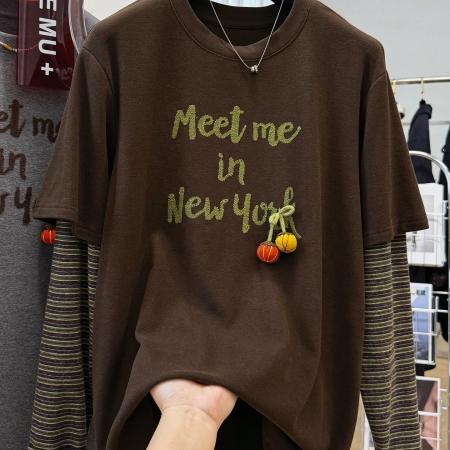 FA50348# 原版质量特大码300斤韩系重工刺绣假两件长袖T恤女秋冬磨毛上衣潮 服裝批發女裝批發服飾貨源