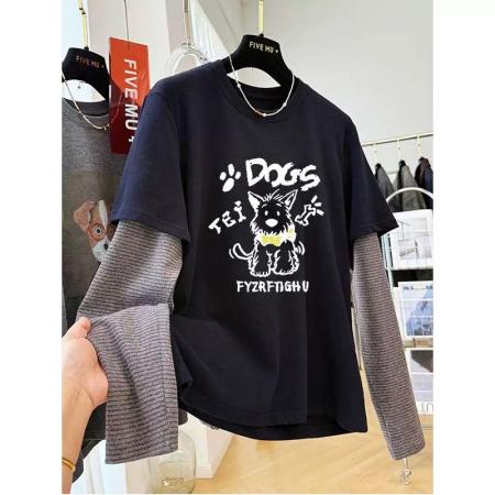 FA50349# 原版德绒特大码300斤休闲印花假两件长袖t恤女秋冬新款德绒上衣超 服裝批發女裝批發服飾貨源