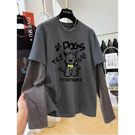 FA50349# 原版德绒特大码300斤休闲印花假两件长袖t恤女秋冬新款德绒上衣超 服裝批發女裝批發服飾貨源