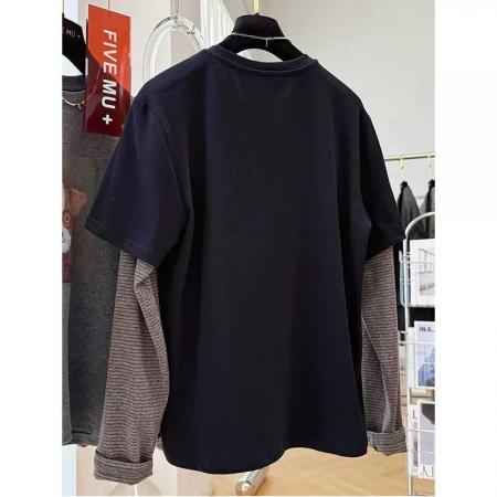 FA50349# 原版德绒特大码300斤休闲印花假两件长袖t恤女秋冬新款德绒上衣超 服裝批發女裝批發服飾貨源