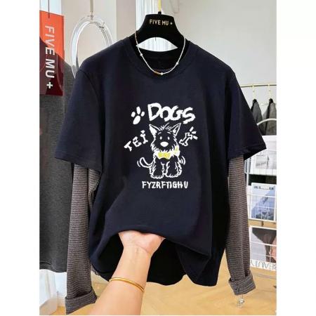 FA50349# 原版德绒特大码300斤休闲印花假两件长袖t恤女秋冬新款德绒上衣超 服裝批發女裝批發服飾貨源