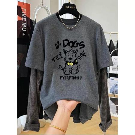 FA50349# 原版德绒特大码300斤休闲印花假两件长袖t恤女秋冬新款德绒上衣超 服裝批發女裝批發服飾貨源