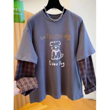 FA50350# 原版质量特大码300斤韩系格子拼接假两件长袖t恤女春秋休闲上衣超 服裝批發女裝批發服飾貨源