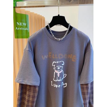 FA50350# 原版质量特大码300斤韩系格子拼接假两件长袖t恤女春秋休闲上衣超 服裝批發女裝批發服飾貨源