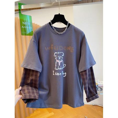 FA50350# 原版质量特大码300斤韩系格子拼接假两件长袖t恤女春秋休闲上衣超 服裝批發女裝批發服飾貨源