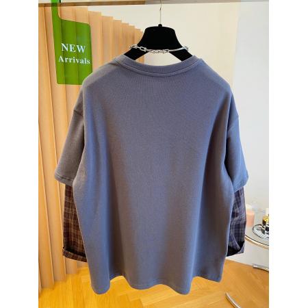 FA50350# 原版质量特大码300斤韩系格子拼接假两件长袖t恤女春秋休闲上衣超 服裝批發女裝批發服飾貨源