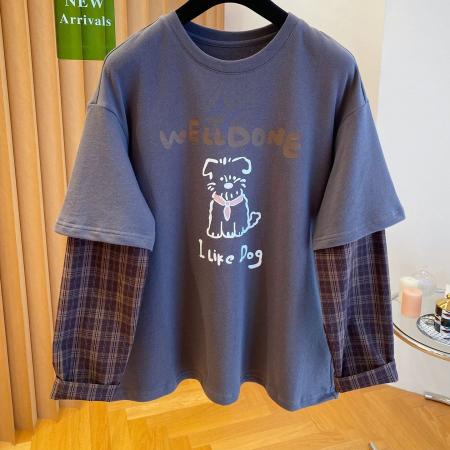 FA50350# 原版质量特大码300斤韩系格子拼接假两件长袖t恤女春秋休闲上衣超 服裝批發女裝批發服飾貨源