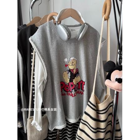 FA50351# 原版质量特大码300斤韩系印花两件套上衣女春秋新款T恤马甲套装超 服裝批發女裝批發服飾貨源