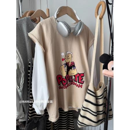 FA50351# 原版质量特大码300斤韩系印花两件套上衣女春秋新款T恤马甲套装超 服裝批發女裝批發服飾貨源