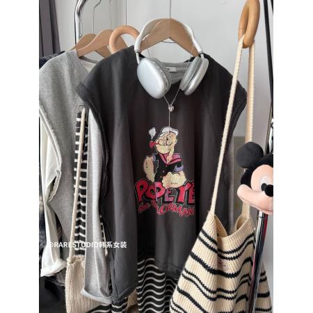 FA50351# 原版质量特大码300斤韩系印花两件套上衣女春秋新款T恤马甲套装超 服裝批發女裝批發服飾貨源