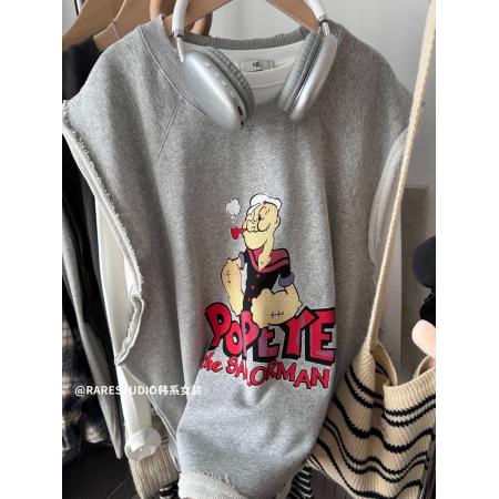 FA50351# 原版质量特大码300斤韩系印花两件套上衣女春秋新款T恤马甲套装超 服裝批發女裝批發服飾貨源