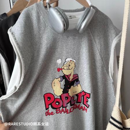 FA50351# 原版质量特大码300斤韩系印花两件套上衣女春秋新款T恤马甲套装超 服裝批發女裝批發服飾貨源