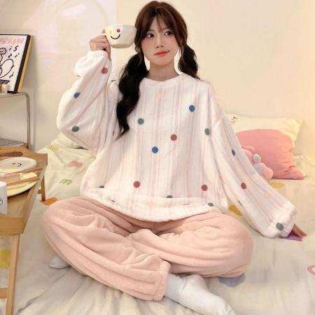 FA50357# 冬季法兰绒加厚睡衣女套装直播高品家居圆领卡通 服裝批發女裝批發服飾貨源