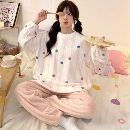 FA50357# 冬季法兰绒加厚睡衣女套装直播高品家居圆领卡通 服裝批發女裝批發服飾貨源