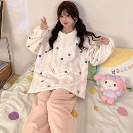 FA50357# 冬季法兰绒加厚睡衣女套装直播高品家居圆领卡通 服裝批發女裝批發服飾貨源