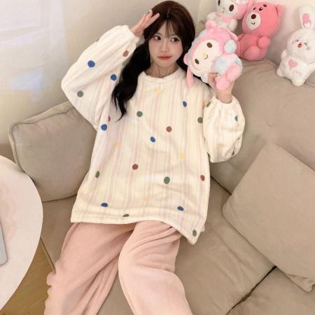 FA50357# 冬季法兰绒加厚睡衣女套装直播高品家居圆领卡通 服裝批發女裝批發服飾貨源
