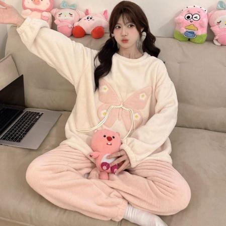FA50358# 冬季法兰绒加厚睡衣女套装直播高品家居圆领卡通 服裝批發女裝批發服飾貨源