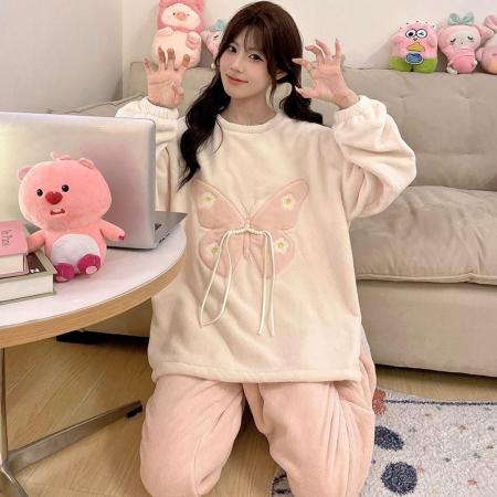 FA50358# 冬季法兰绒加厚睡衣女套装直播高品家居圆领卡通 服裝批發女裝批發服飾貨源