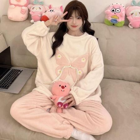FA50358# 冬季法兰绒加厚睡衣女套装直播高品家居圆领卡通 服裝批發女裝批發服飾貨源