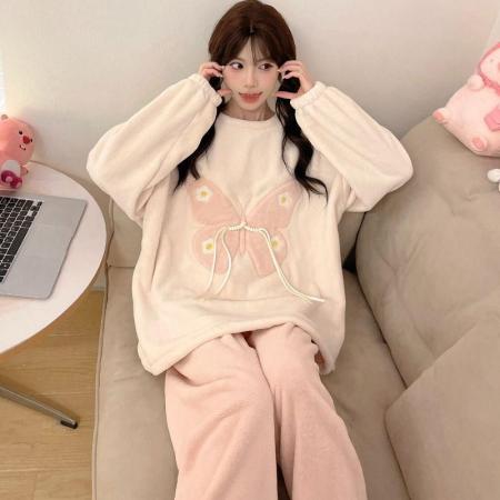 FA50358# 冬季法兰绒加厚睡衣女套装直播高品家居圆领卡通 服裝批發女裝批發服飾貨源