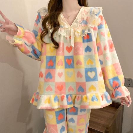 FA50359# 睡衣女秋冬季珊瑚绒加厚保暖可爱新款法兰绒家居服套装 服裝批發女裝批發服飾貨源