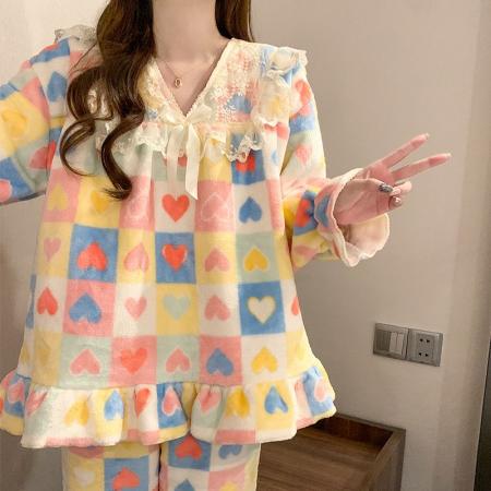 FA50359# 睡衣女秋冬季珊瑚绒加厚保暖可爱新款法兰绒家居服套装 服裝批發女裝批發服飾貨源