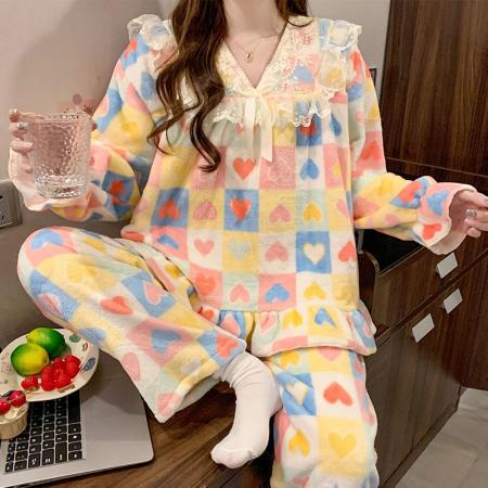 FA50359# 睡衣女秋冬季珊瑚绒加厚保暖可爱新款法兰绒家居服套装 服裝批發女裝批發服飾貨源