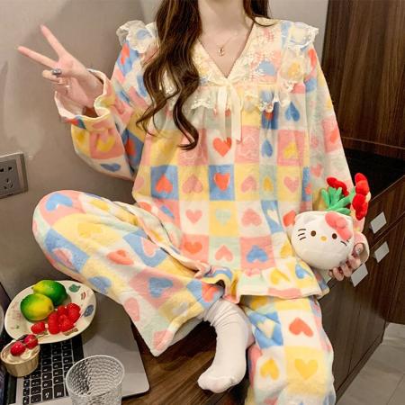 FA50359# 睡衣女秋冬季珊瑚绒加厚保暖可爱新款法兰绒家居服套装 服裝批發女裝批發服飾貨源