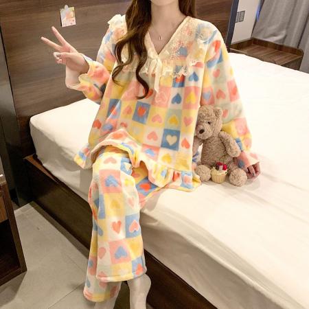 FA50359# 睡衣女秋冬季珊瑚绒加厚保暖可爱新款法兰绒家居服套装 服裝批發女裝批發服飾貨源