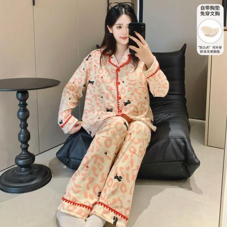 FA50361# 冬季新款睡衣女德绒翻领开衫长袖带胸垫甜美保暖家居套装h 服裝批發女裝批發服飾貨源