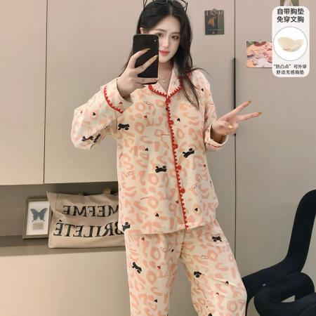 FA50361# 冬季新款睡衣女德绒翻领开衫长袖带胸垫甜美保暖家居套装h 服裝批發女裝批發服飾貨源