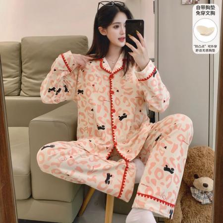 FA50361# 冬季新款睡衣女德绒翻领开衫长袖带胸垫甜美保暖家居套装h 服裝批發女裝批發服飾貨源