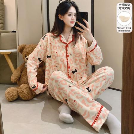 FA50361# 冬季新款睡衣女德绒翻领开衫长袖带胸垫甜美保暖家居套装h 服裝批發女裝批發服飾貨源