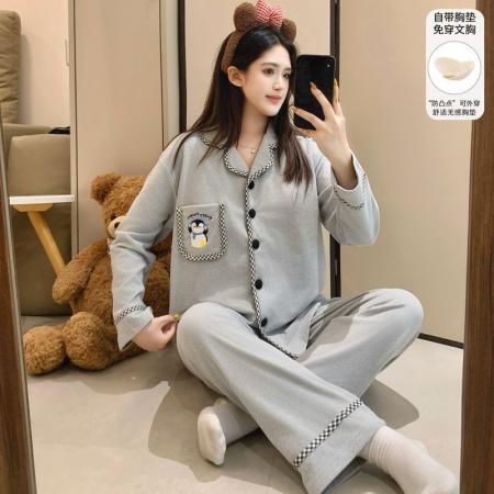 FA50362# 冬季新款睡衣女德绒翻领开衫长袖带胸垫甜美保暖家居套装h 服裝批發女裝批發服飾貨源