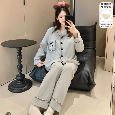 FA50362# 冬季新款睡衣女德绒翻领开衫长袖带胸垫甜美保暖家居套装h 服裝批發女裝批發服飾貨源