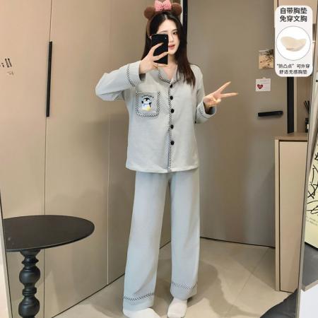 FA50362# 冬季新款睡衣女德绒翻领开衫长袖带胸垫甜美保暖家居套装h 服裝批發女裝批發服飾貨源