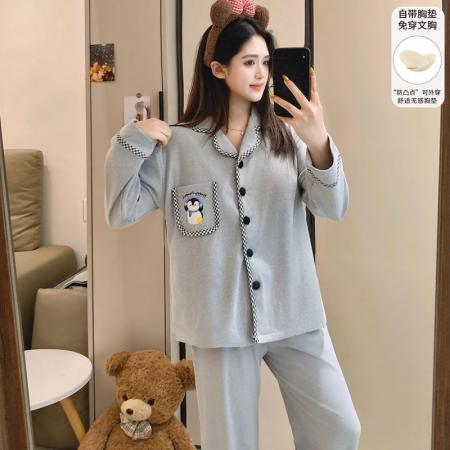 FA50362# 冬季新款睡衣女德绒翻领开衫长袖带胸垫甜美保暖家居套装h 服裝批發女裝批發服飾貨源