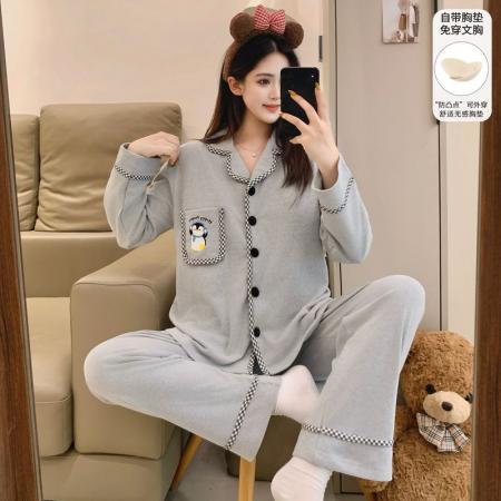 FA50362# 冬季新款睡衣女德绒翻领开衫长袖带胸垫甜美保暖家居套装h 服裝批發女裝批發服飾貨源