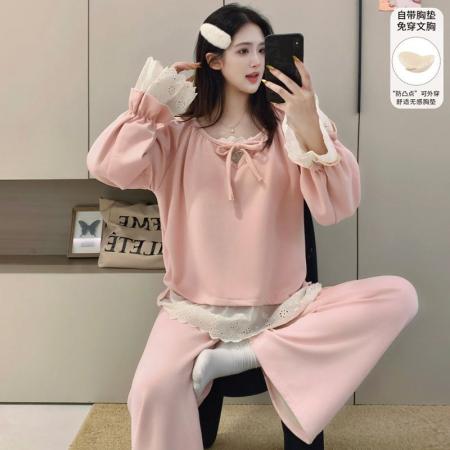 FA50363# 冬季直播爆款羊绒带胸垫粉色蕾丝花边高定宽松休闲可外穿家居服 服裝批發女裝批發服飾貨源