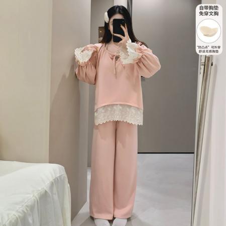 FA50363# 冬季直播爆款羊绒带胸垫粉色蕾丝花边高定宽松休闲可外穿家居服 服裝批發女裝批發服飾貨源